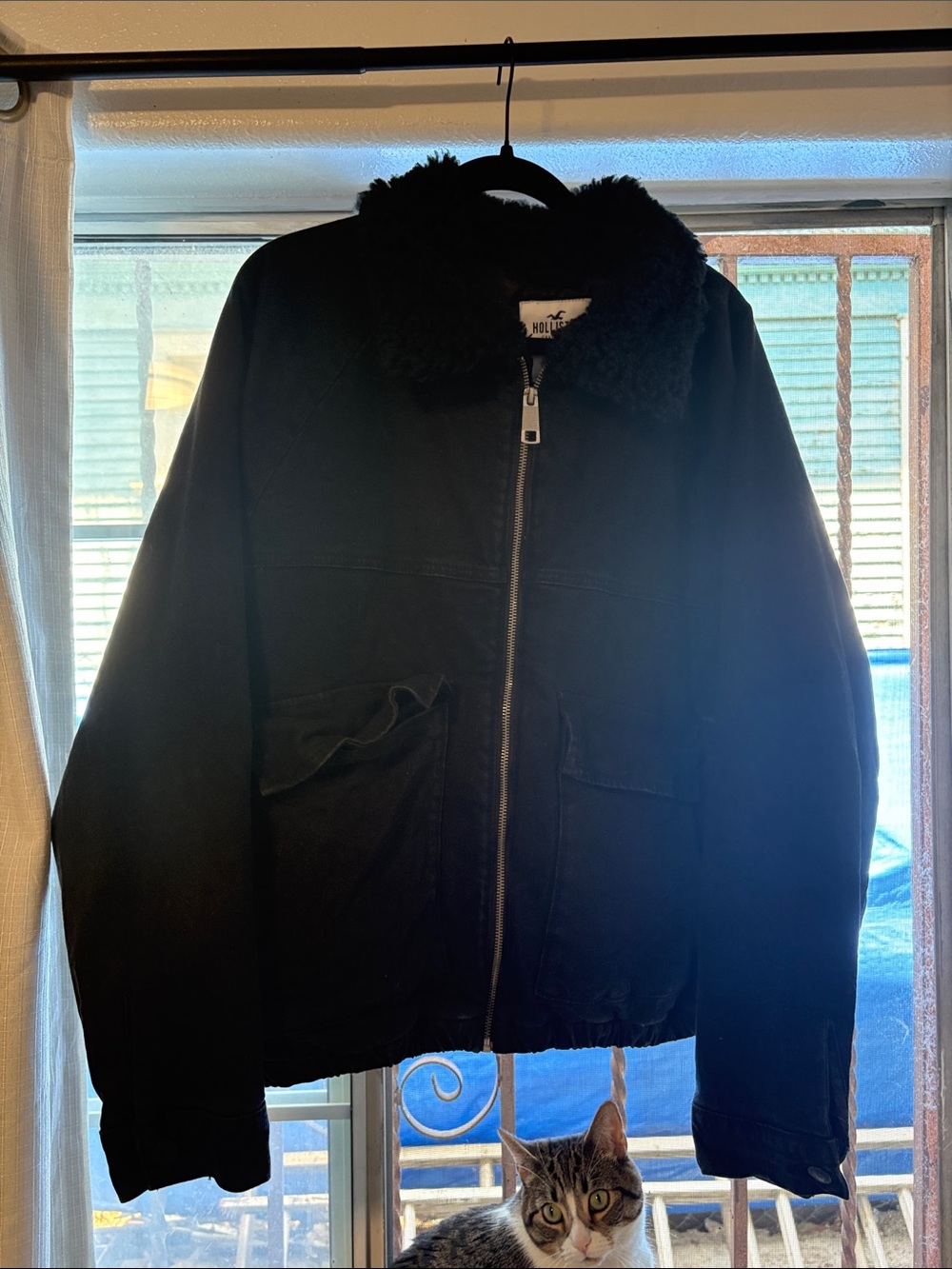 Hollister Black Jean Zip-Up Jacket with Sherpa Collar